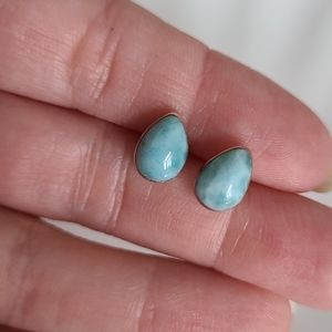 Vintage Dainty STERLING Silver Blue LARIMAR Teardrop Boho Stud Earrings